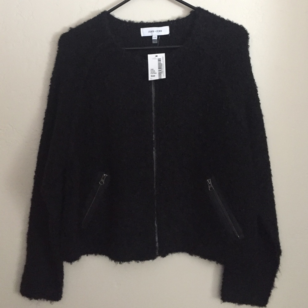 Black sweater with front zipper and pockets